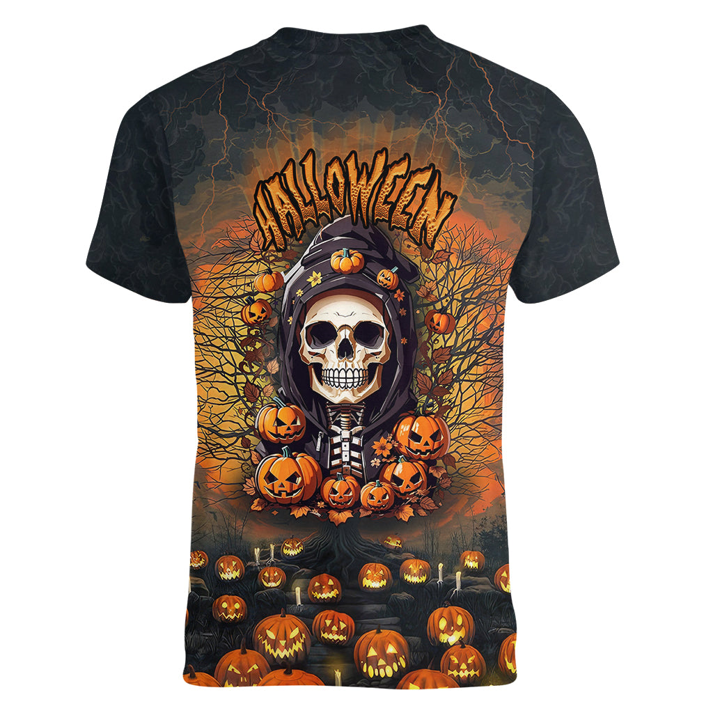Halloween Skull Women V Neck T Shirt Pumpkin-Themed - Wonder Print Shop