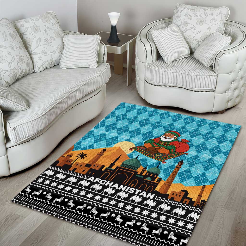 Afghanistan Christmas Area Rug with Santa on Flying Carpet Mosque Camels and Desert Sunset Design - Wonder Print Shop