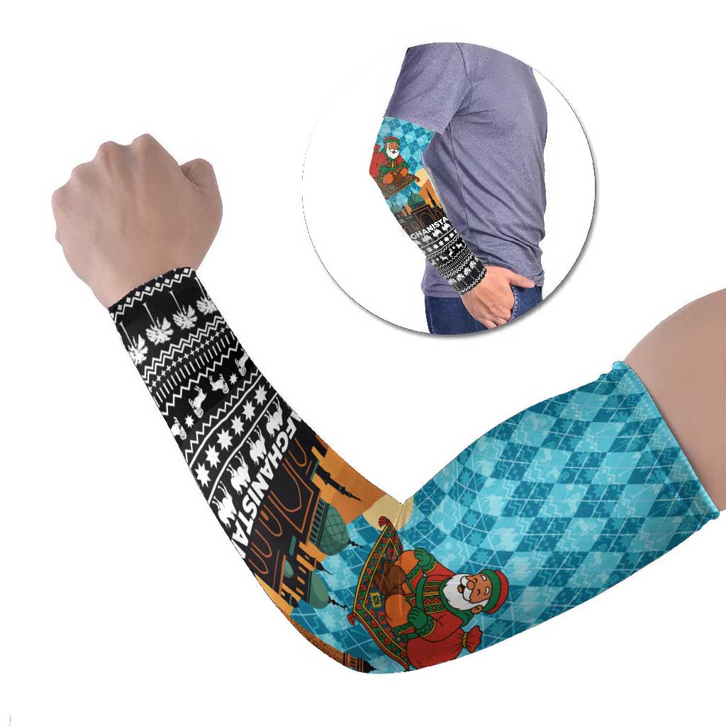 Afghanistan Christmas Arm Sleeves with Santa on Flying Carpet Mosque Camels and Desert Sunset Design - Wonder Print Shop