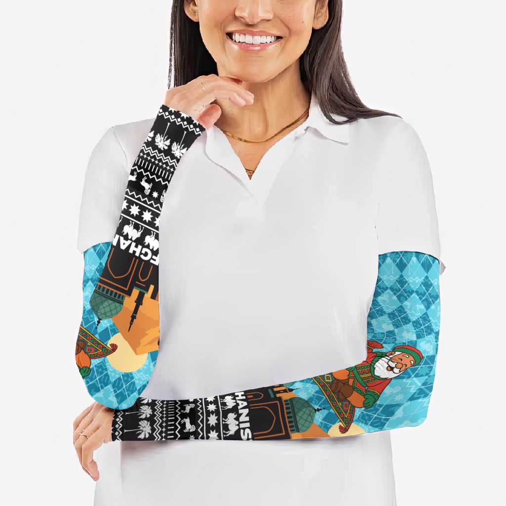 Afghanistan Christmas Arm Sleeves with Santa on Flying Carpet Mosque Camels and Desert Sunset Design - Wonder Print Shop