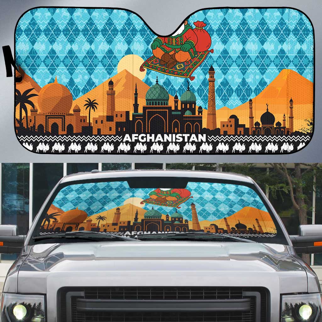 Afghanistan Christmas Auto Sun Shade with Santa on Flying Carpet Mosque Camels and Desert Sunset Design - Wonder Print Shop