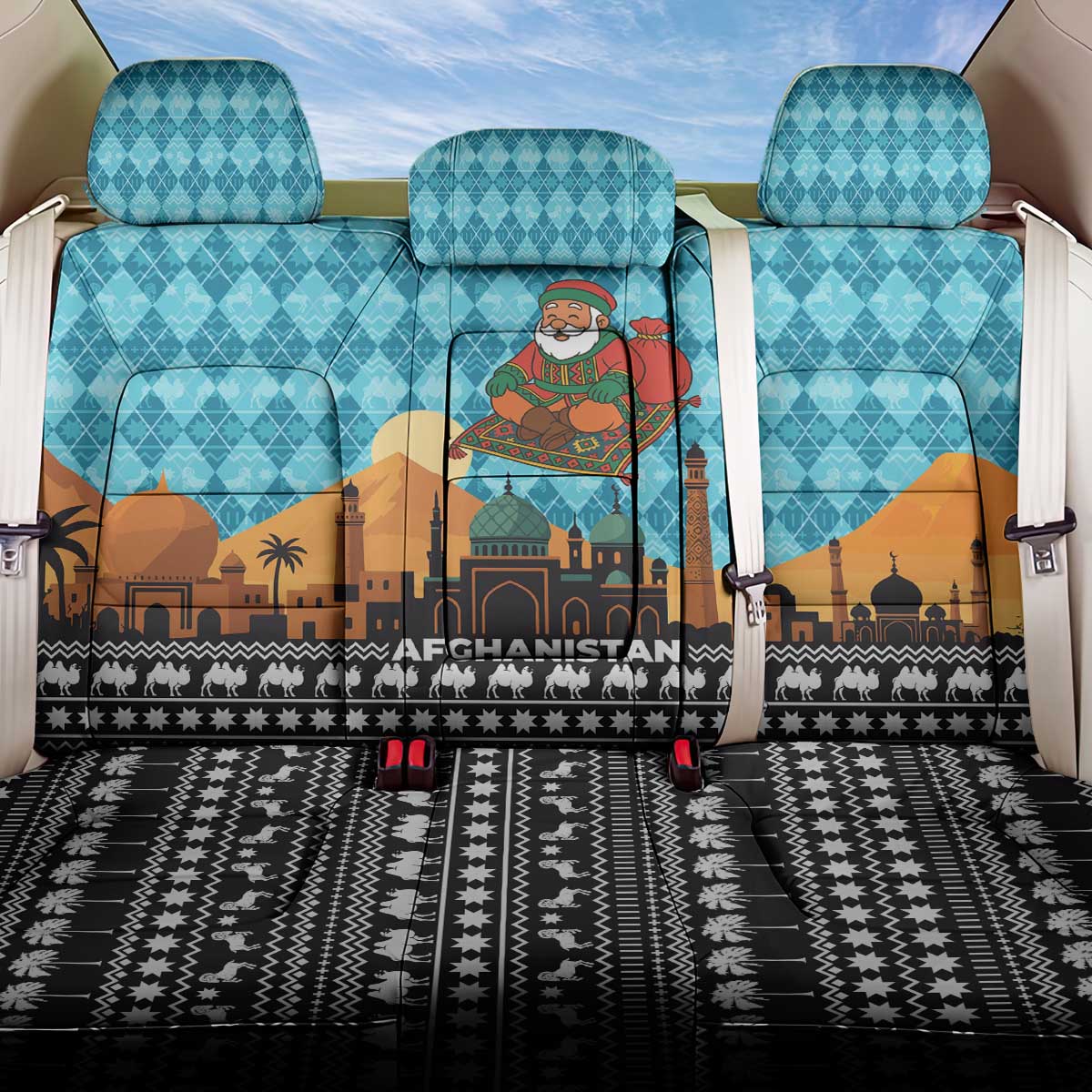 Afghanistan Christmas Back Car Seat Cover with Santa on Flying Carpet Mosque Camels and Desert Sunset Design - Wonder Print Shop