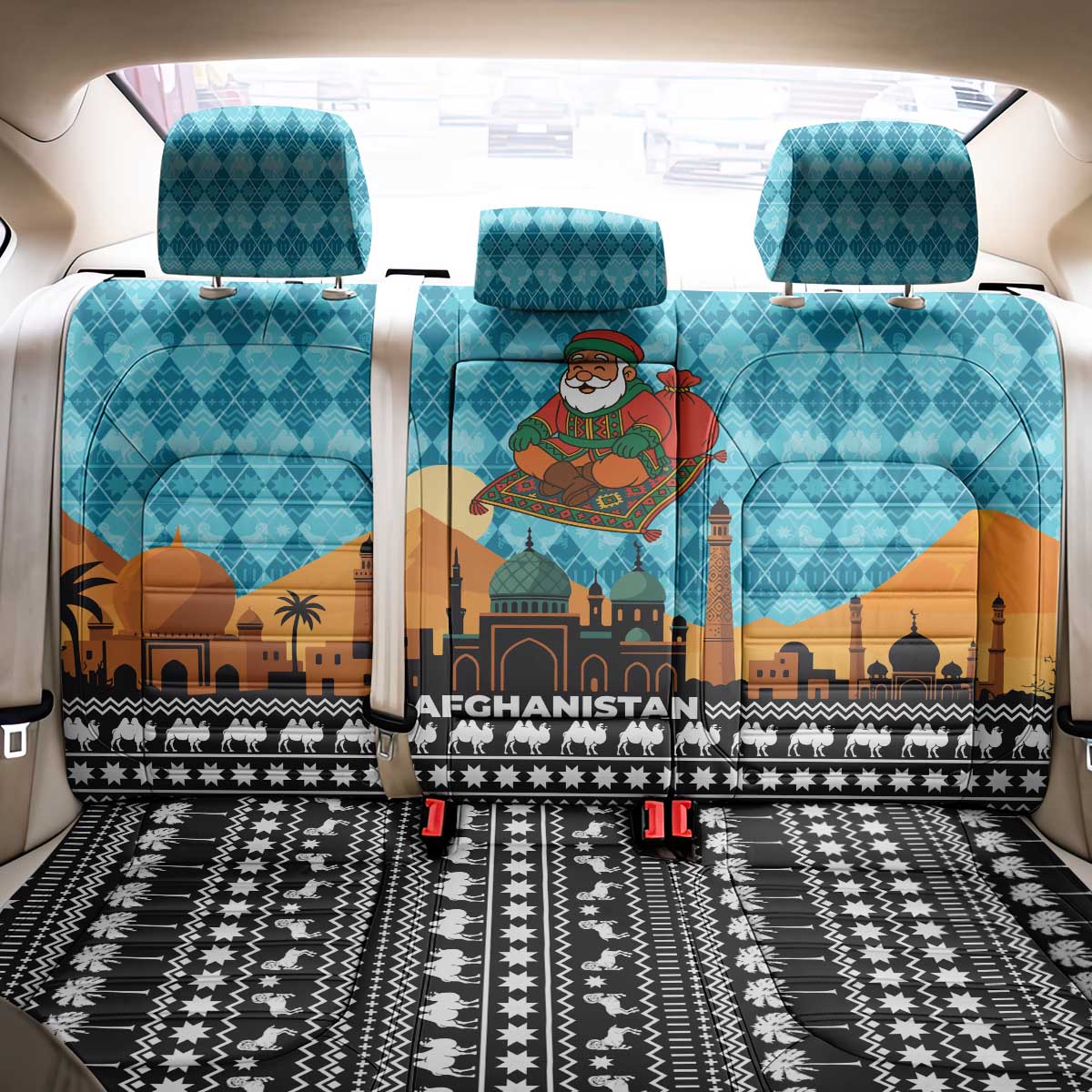 Afghanistan Christmas Back Car Seat Cover with Santa on Flying Carpet Mosque Camels and Desert Sunset Design - Wonder Print Shop