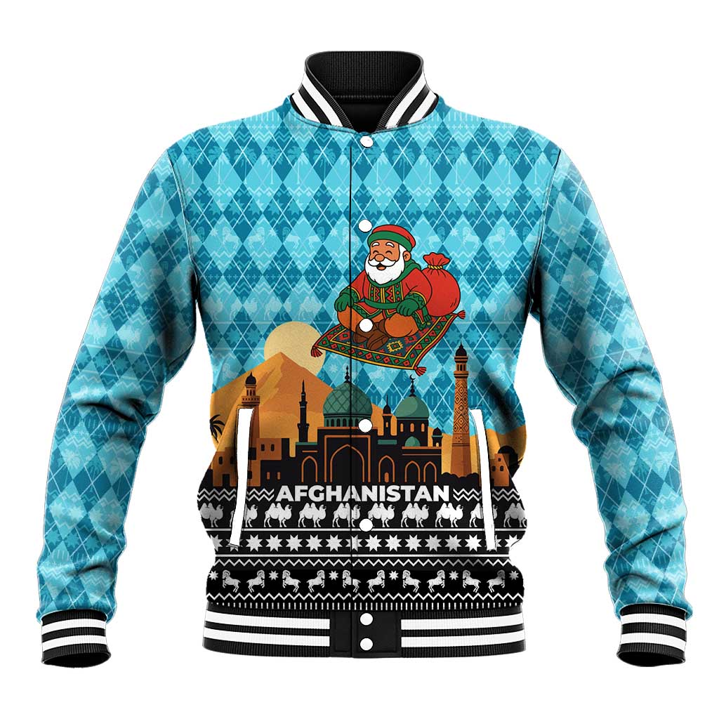Afghanistan Christmas Baseball Jacket with Santa on Flying Carpet Mosque Camels and Desert Sunset Design - Wonder Print Shop