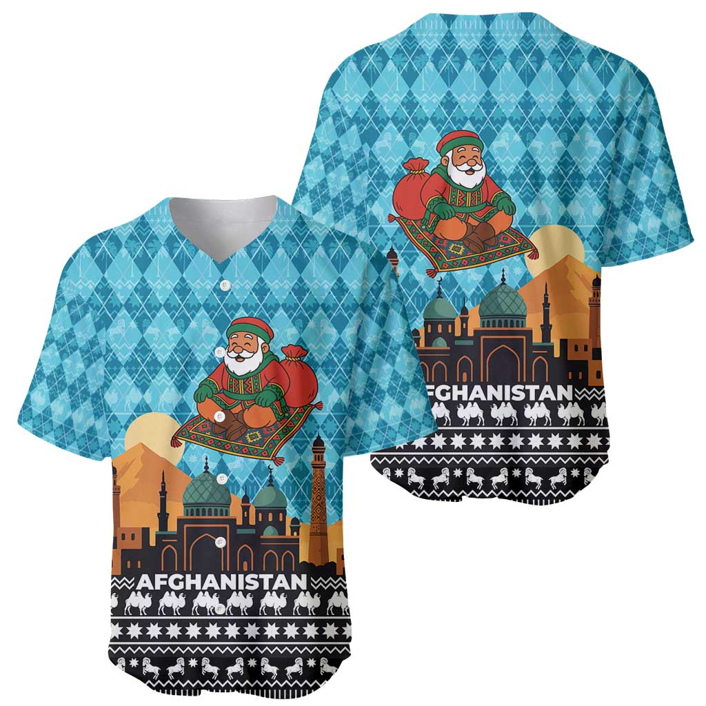 Afghanistan Christmas Baseball Jersey with Santa on Flying Carpet Mosque Camels and Desert Sunset Design - Wonder Print Shop
