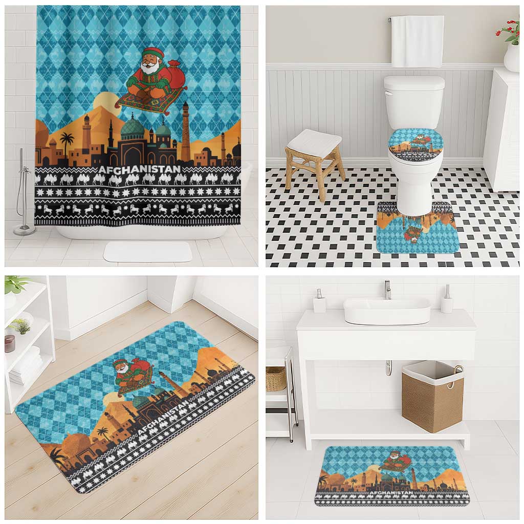 Afghanistan Christmas Bathroom Set with Santa on Flying Carpet Mosque Camels and Desert Sunset Design - Wonder Print Shop