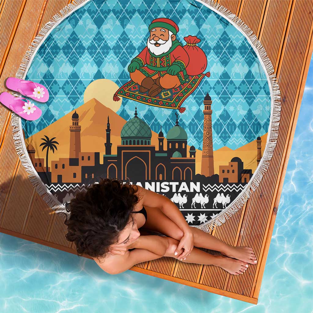 Afghanistan Christmas Beach Blanket with Santa on Flying Carpet Mosque Camels and Desert Sunset Design - Wonder Print Shop