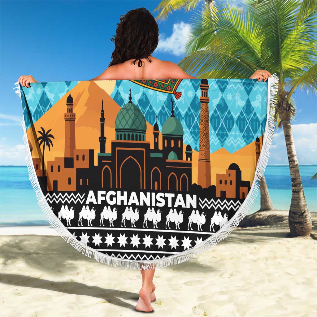 Afghanistan Christmas Beach Blanket with Santa on Flying Carpet Mosque Camels and Desert Sunset Design - Wonder Print Shop