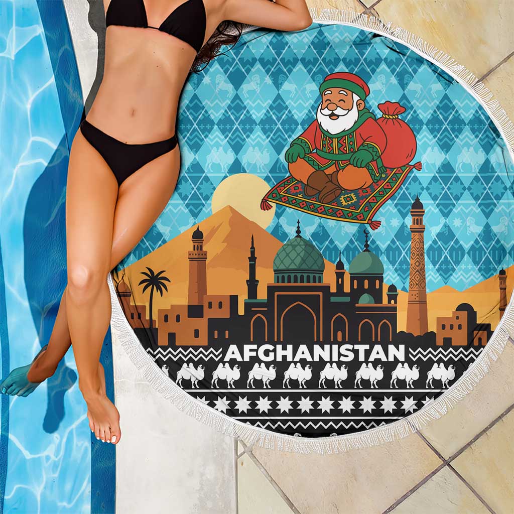 Afghanistan Christmas Beach Blanket with Santa on Flying Carpet Mosque Camels and Desert Sunset Design - Wonder Print Shop