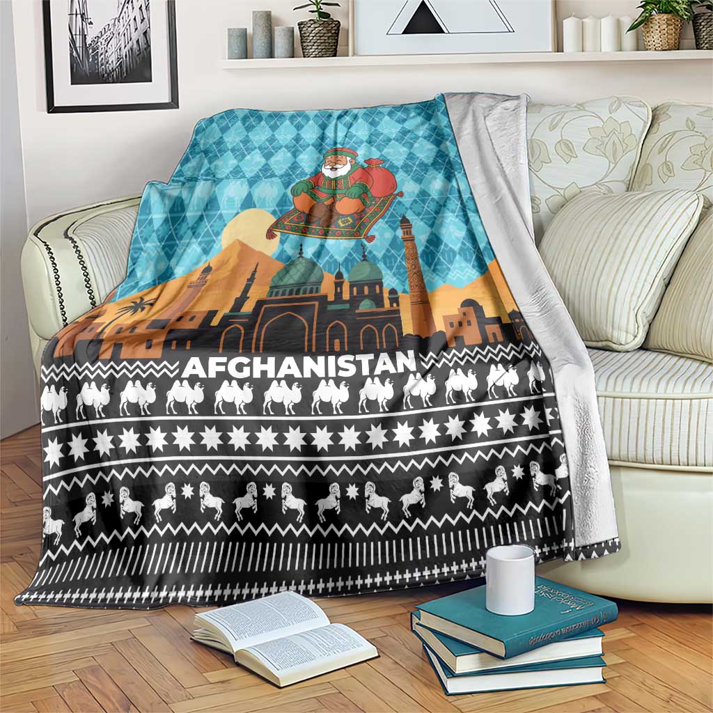 Afghanistan Christmas Blanket with Santa on Flying Carpet Mosque Camels and Desert Sunset Design - Wonder Print Shop