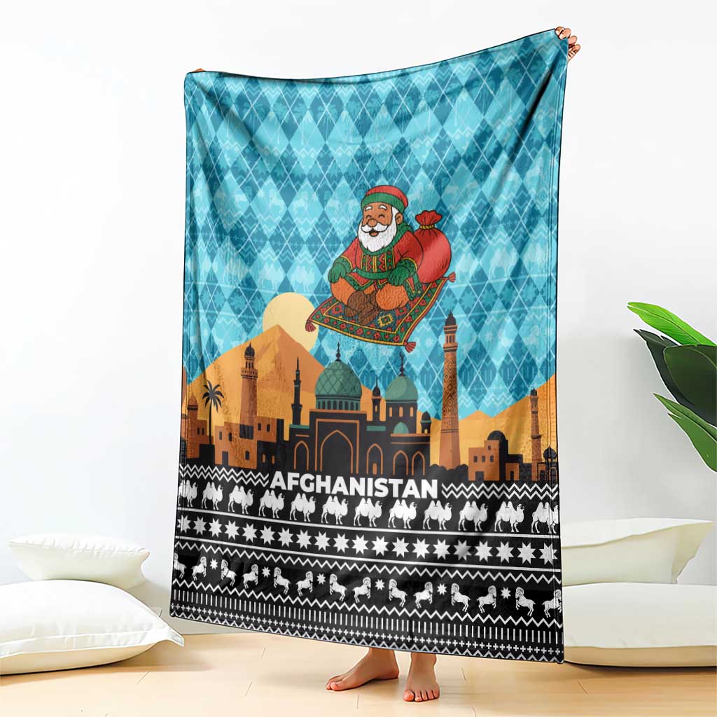 Afghanistan Christmas Blanket with Santa on Flying Carpet Mosque Camels and Desert Sunset Design - Wonder Print Shop
