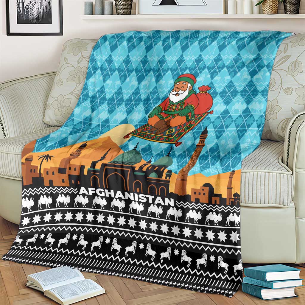 Afghanistan Christmas Blanket with Santa on Flying Carpet Mosque Camels and Desert Sunset Design - Wonder Print Shop