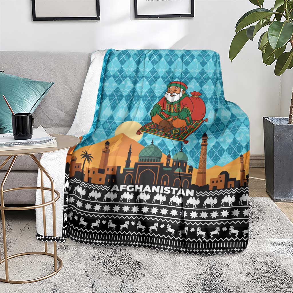 Afghanistan Christmas Blanket with Santa on Flying Carpet Mosque Camels and Desert Sunset Design - Wonder Print Shop