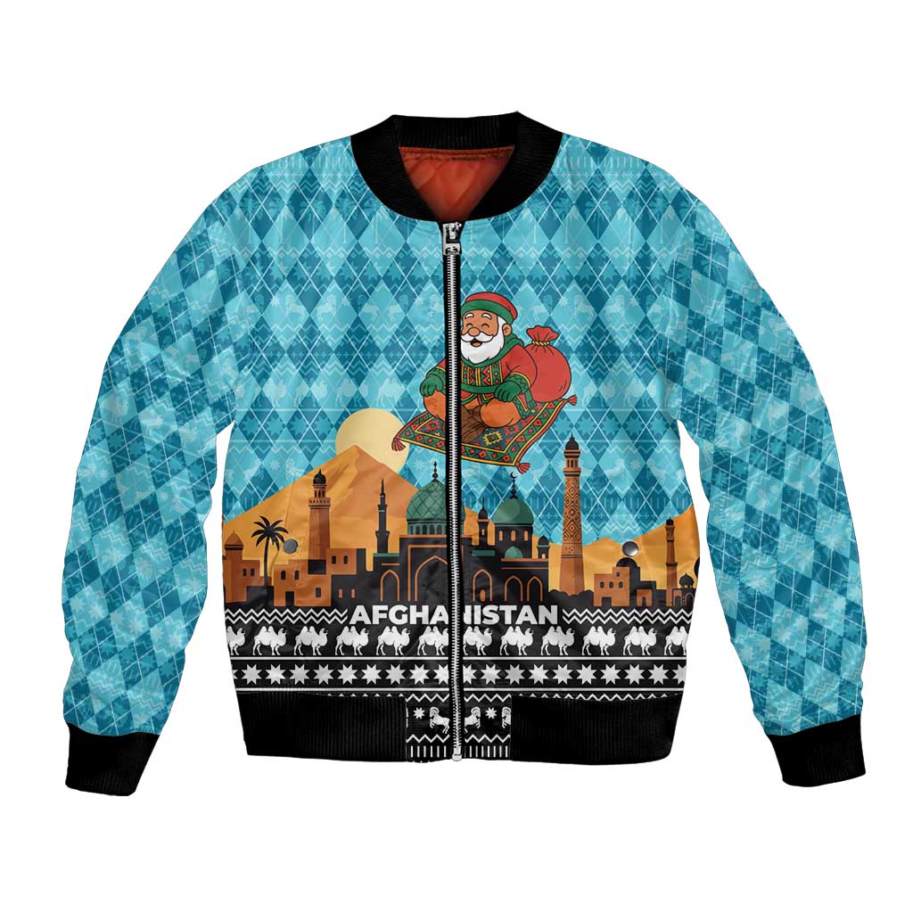 Afghanistan Christmas Bomber Jacket with Santa on Flying Carpet Mosque Camels and Desert Sunset Design - Wonder Print Shop