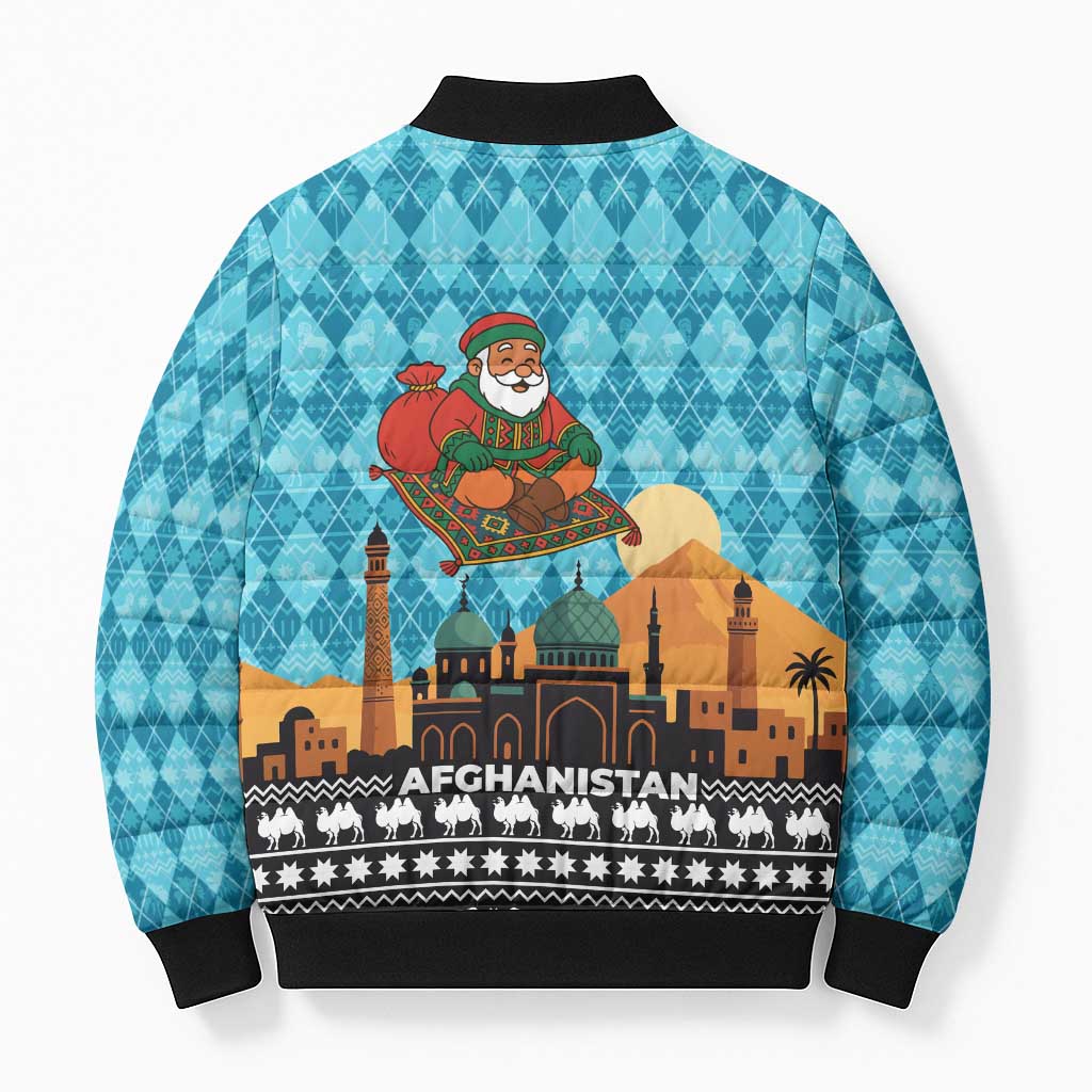 Afghanistan Christmas Bomber Puffer Jacket with Santa on Flying Carpet Mosque Camels and Desert Sunset Design - Wonder Print Shop