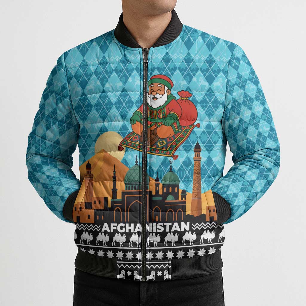 Afghanistan Christmas Bomber Puffer Jacket with Santa on Flying Carpet Mosque Camels and Desert Sunset Design - Wonder Print Shop