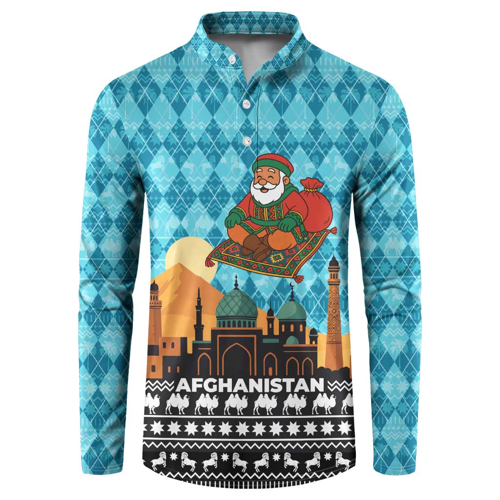 Afghanistan Christmas Button Sweatshirt with Santa on Flying Carpet Mosque Camels and Desert Sunset Design - Wonder Print Shop
