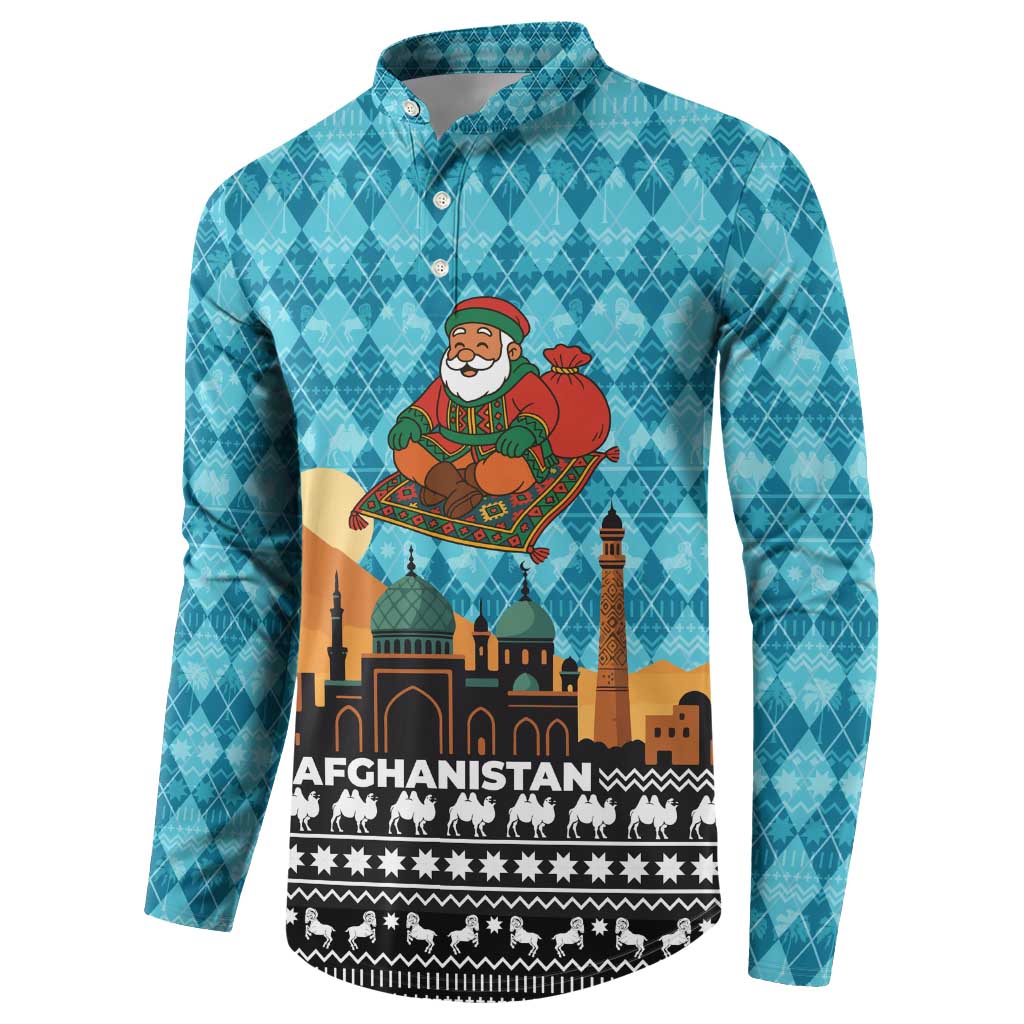 Afghanistan Christmas Button Sweatshirt with Santa on Flying Carpet Mosque Camels and Desert Sunset Design - Wonder Print Shop