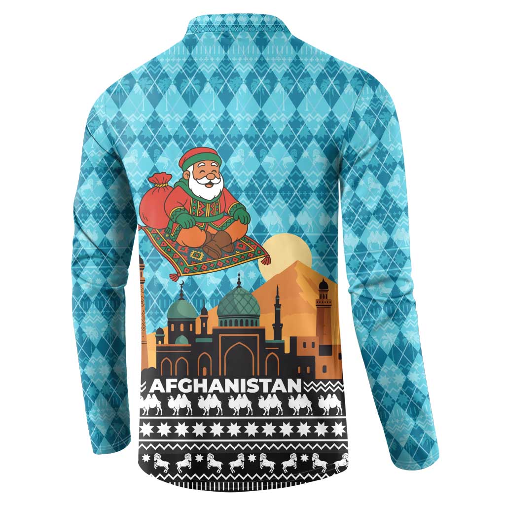 Afghanistan Christmas Button Sweatshirt with Santa on Flying Carpet Mosque Camels and Desert Sunset Design - Wonder Print Shop