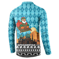 Afghanistan Christmas Button Sweatshirt with Santa on Flying Carpet Mosque Camels and Desert Sunset Design - Wonder Print Shop