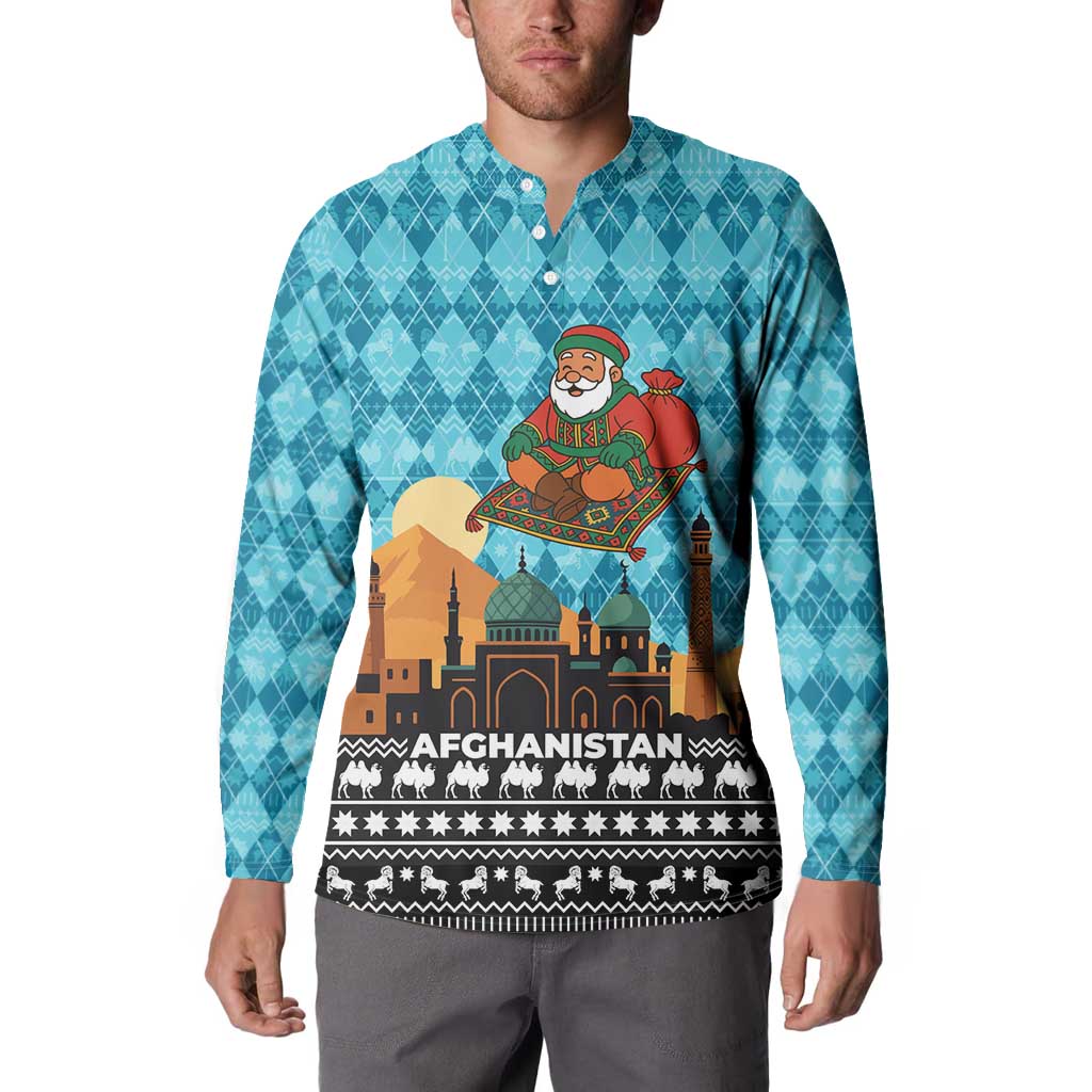 Afghanistan Christmas Button Sweatshirt with Santa on Flying Carpet Mosque Camels and Desert Sunset Design - Wonder Print Shop