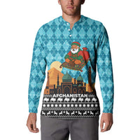 Afghanistan Christmas Button Sweatshirt with Santa on Flying Carpet Mosque Camels and Desert Sunset Design - Wonder Print Shop