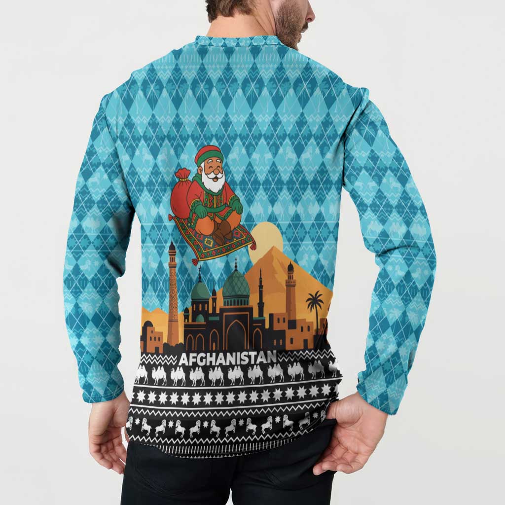 Afghanistan Christmas Button Sweatshirt with Santa on Flying Carpet Mosque Camels and Desert Sunset Design - Wonder Print Shop