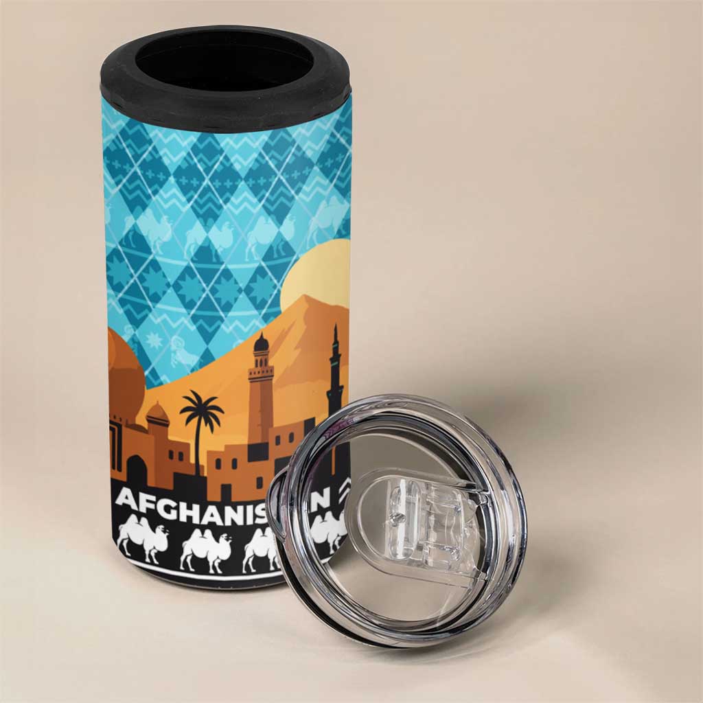 Afghanistan Christmas 4 in 1 Can Cooler Tumbler with Santa on Flying Carpet Mosque Camels and Desert Sunset Design - Wonder Print Shop