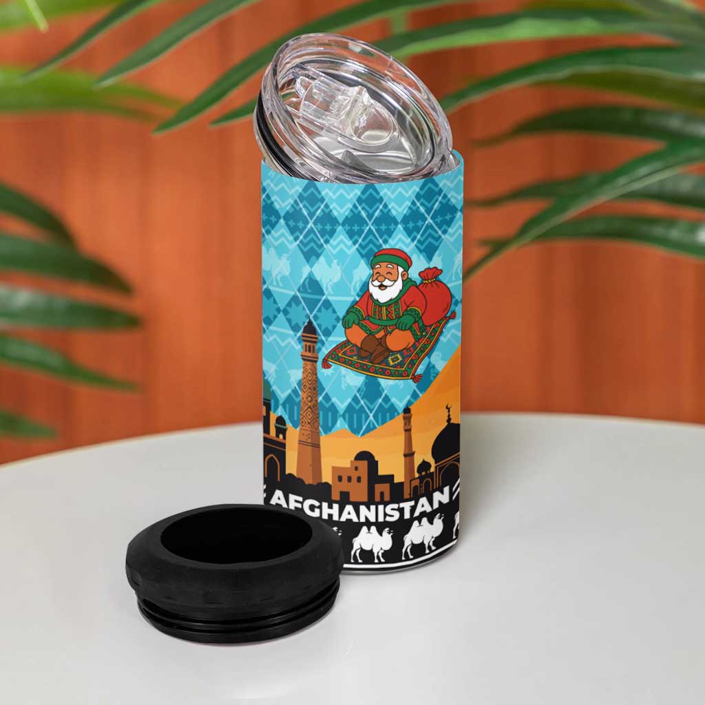 Afghanistan Christmas 4 in 1 Can Cooler Tumbler with Santa on Flying Carpet Mosque Camels and Desert Sunset Design - Wonder Print Shop