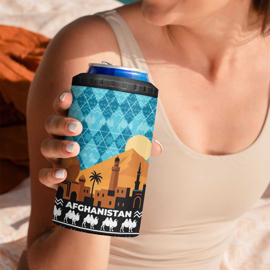 Afghanistan Christmas 4 in 1 Can Cooler Tumbler with Santa on Flying Carpet Mosque Camels and Desert Sunset Design - Wonder Print Shop