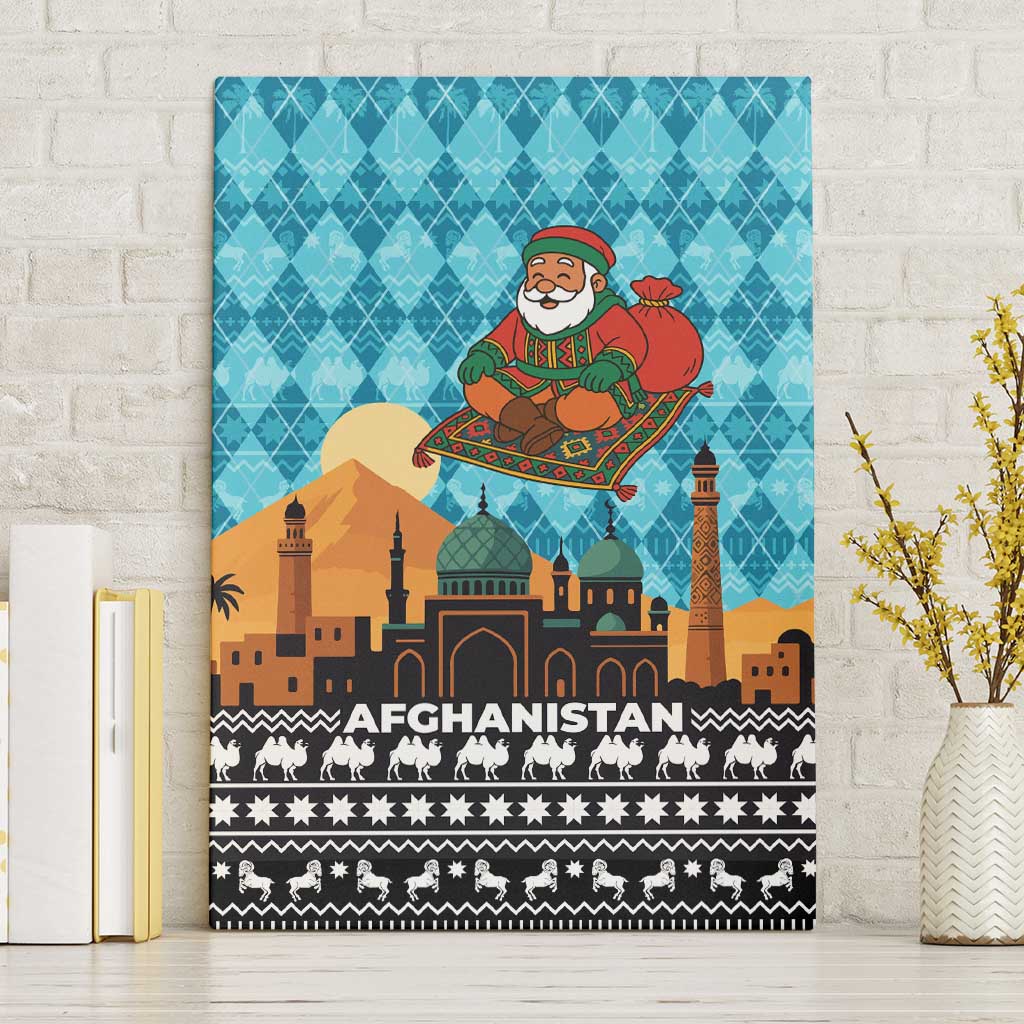 Afghanistan Christmas Canvas Wall Art with Santa on Flying Carpet Mosque Camels and Desert Sunset Design - Wonder Print Shop