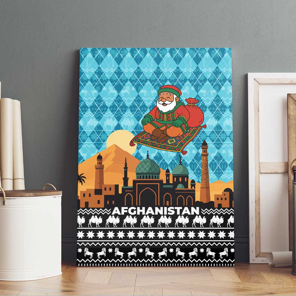 Afghanistan Christmas Canvas Wall Art with Santa on Flying Carpet Mosque Camels and Desert Sunset Design - Wonder Print Shop