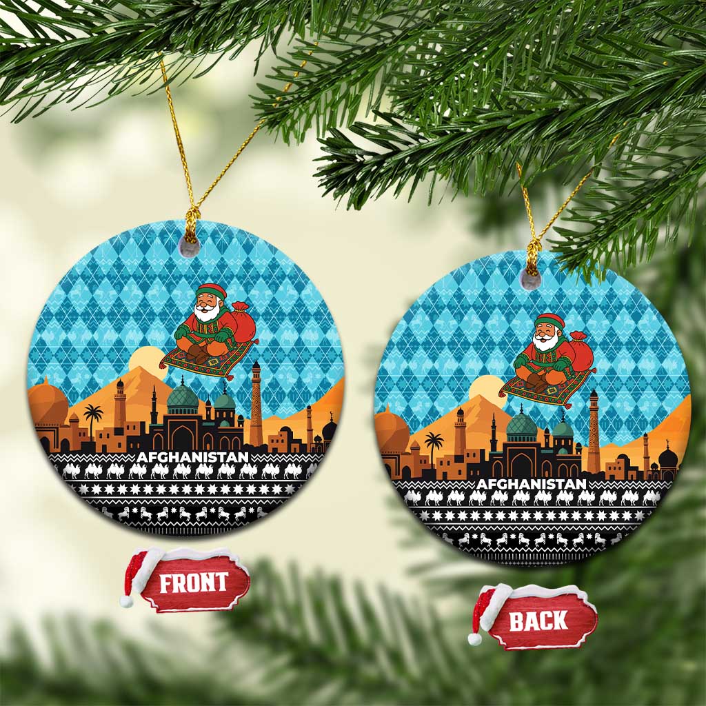 Afghanistan Christmas Ceramic Ornament with Santa on Flying Carpet Mosque Camels and Desert Sunset Design - Wonder Print Shop