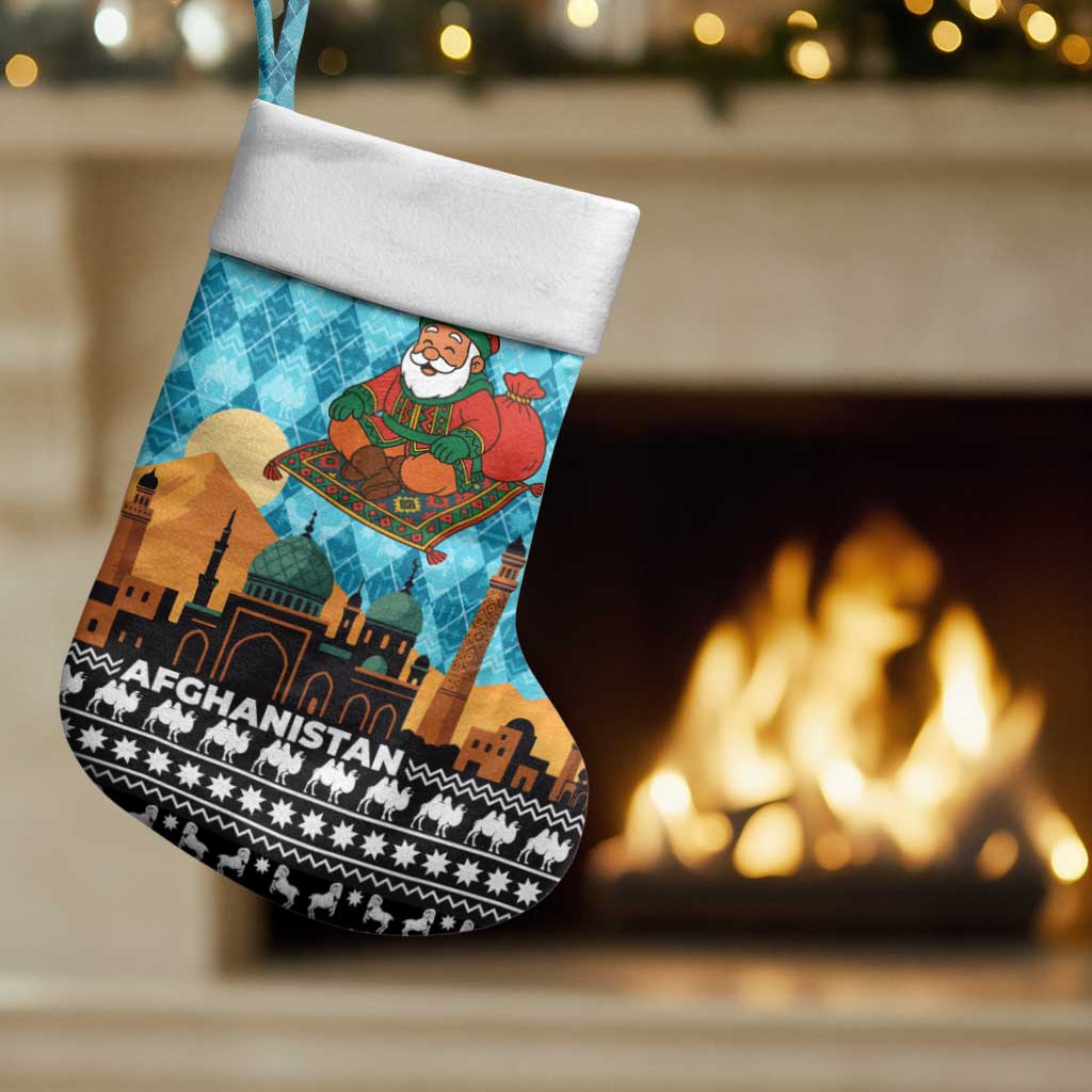 Afghanistan Christmas Stocking with Santa on Flying Carpet Mosque Camels and Desert Sunset Design - Wonder Print Shop