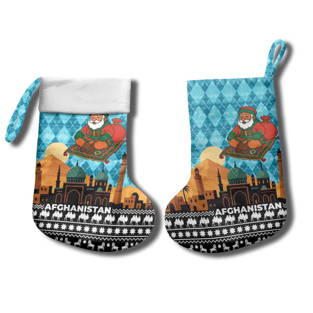 Afghanistan Christmas Stocking with Santa on Flying Carpet Mosque Camels and Desert Sunset Design - Wonder Print Shop