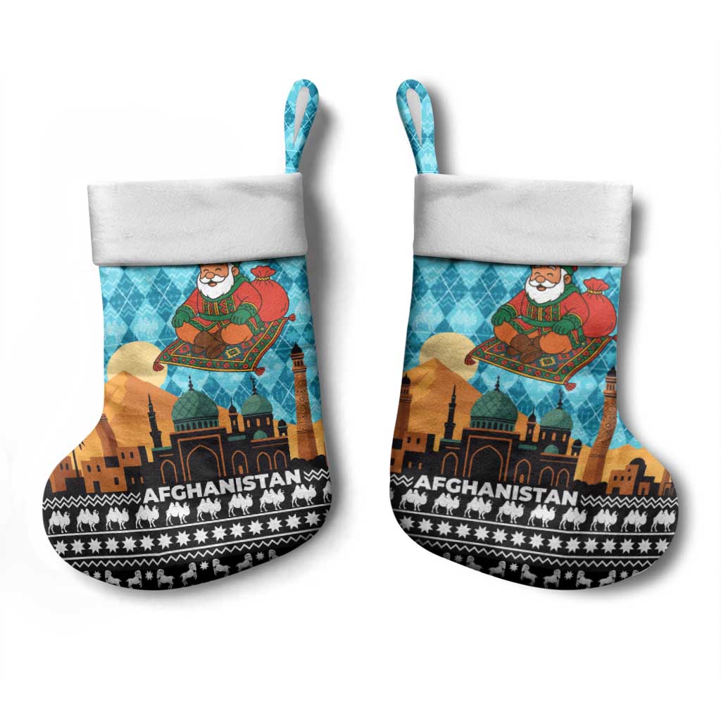 Afghanistan Christmas Stocking with Santa on Flying Carpet Mosque Camels and Desert Sunset Design - Wonder Print Shop
