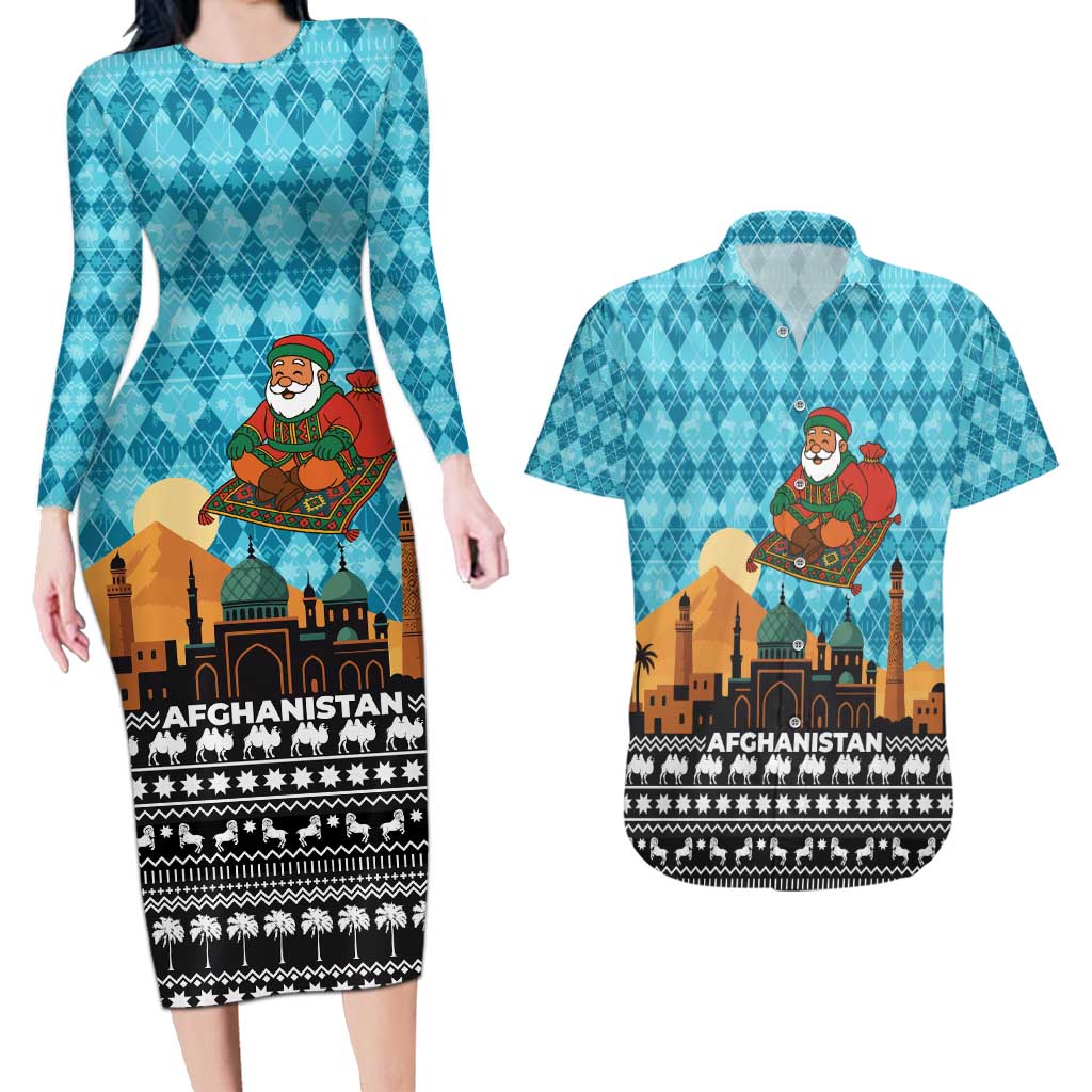 Afghanistan Christmas Couples Matching Long Sleeve Bodycon Dress and Hawaiian Shirt with Santa on Flying Carpet Mosque Camels and Desert Sunset Design - Wonder Print Shop