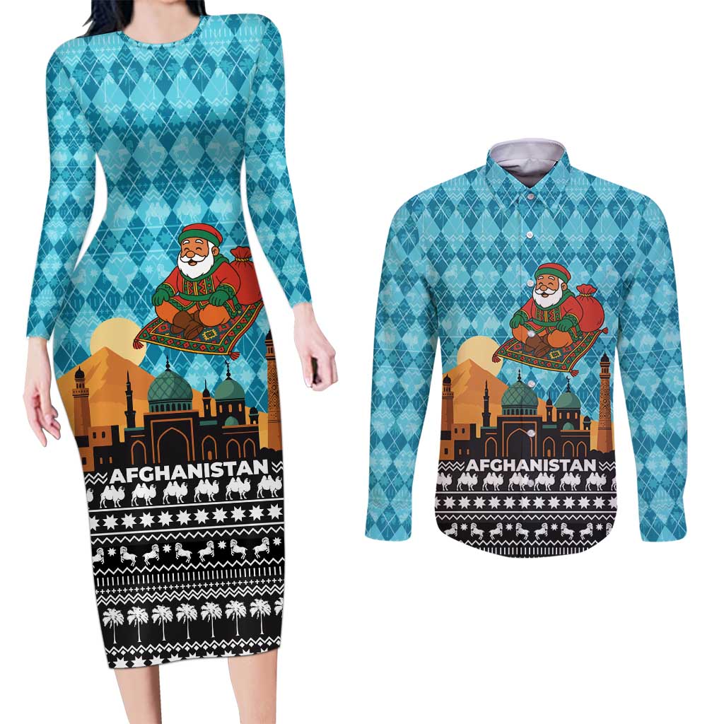 Afghanistan Christmas Couples Matching Long Sleeve Bodycon Dress and Long Sleeve Button Shirt with Santa on Flying Carpet Mosque Camels and Desert Sunset Design - Wonder Print Shop