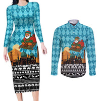 Afghanistan Christmas Couples Matching Long Sleeve Bodycon Dress and Long Sleeve Button Shirt with Santa on Flying Carpet Mosque Camels and Desert Sunset Design - Wonder Print Shop