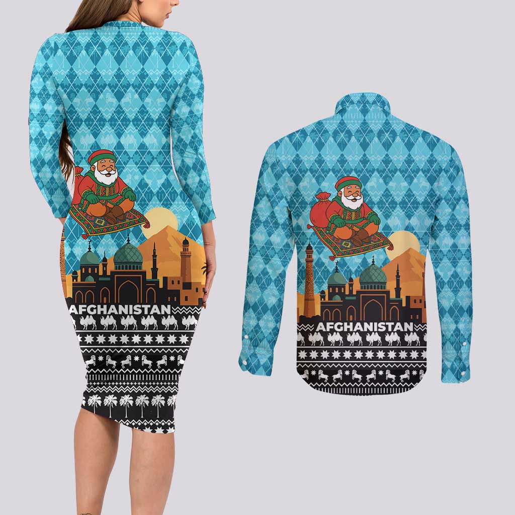Afghanistan Christmas Couples Matching Long Sleeve Bodycon Dress and Long Sleeve Button Shirt with Santa on Flying Carpet Mosque Camels and Desert Sunset Design - Wonder Print Shop