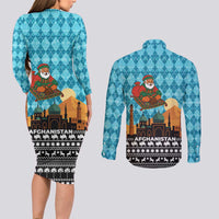Afghanistan Christmas Couples Matching Long Sleeve Bodycon Dress and Long Sleeve Button Shirt with Santa on Flying Carpet Mosque Camels and Desert Sunset Design - Wonder Print Shop