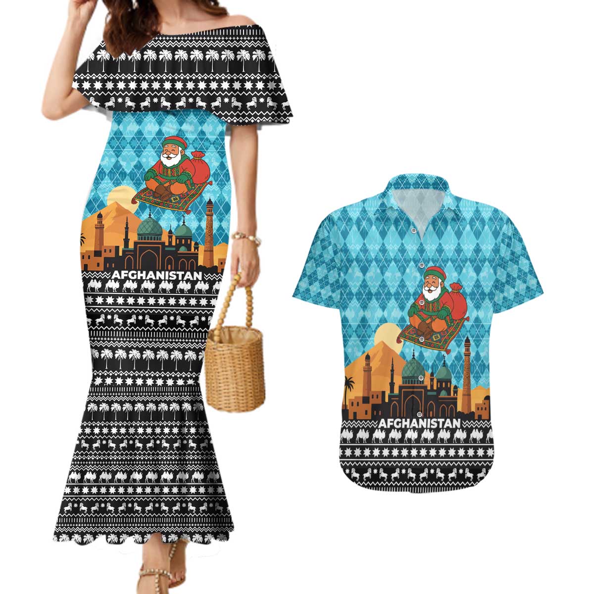 Afghanistan Christmas Couples Matching Mermaid Dress and Hawaiian Shirt with Santa on Flying Carpet Mosque Camels and Desert Sunset Design - Wonder Print Shop