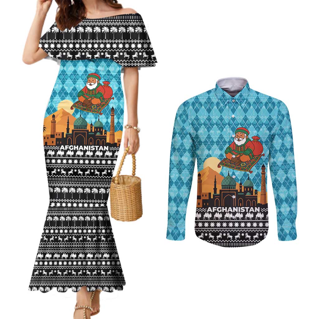 Afghanistan Christmas Couples Matching Mermaid Dress and Long Sleeve Button Shirt with Santa on Flying Carpet Mosque Camels and Desert Sunset Design - Wonder Print Shop