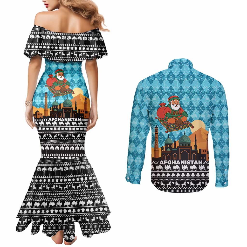 Afghanistan Christmas Couples Matching Mermaid Dress and Long Sleeve Button Shirt with Santa on Flying Carpet Mosque Camels and Desert Sunset Design - Wonder Print Shop