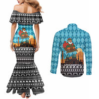Afghanistan Christmas Couples Matching Mermaid Dress and Long Sleeve Button Shirt with Santa on Flying Carpet Mosque Camels and Desert Sunset Design - Wonder Print Shop