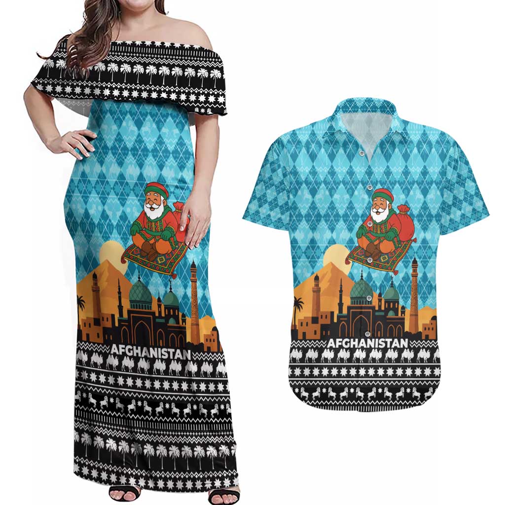 Afghanistan Christmas Couples Matching Off Shoulder Maxi Dress and Hawaiian Shirt with Santa on Flying Carpet Mosque Camels and Desert Sunset Design - Wonder Print Shop