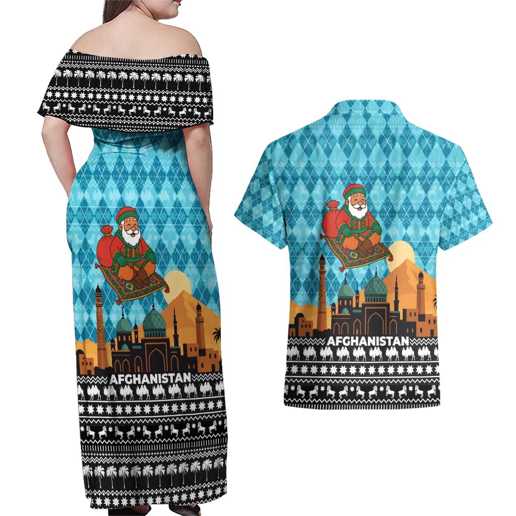 Afghanistan Christmas Couples Matching Off Shoulder Maxi Dress and Hawaiian Shirt with Santa on Flying Carpet Mosque Camels and Desert Sunset Design - Wonder Print Shop