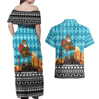 Afghanistan Christmas Couples Matching Off Shoulder Maxi Dress and Hawaiian Shirt with Santa on Flying Carpet Mosque Camels and Desert Sunset Design - Wonder Print Shop