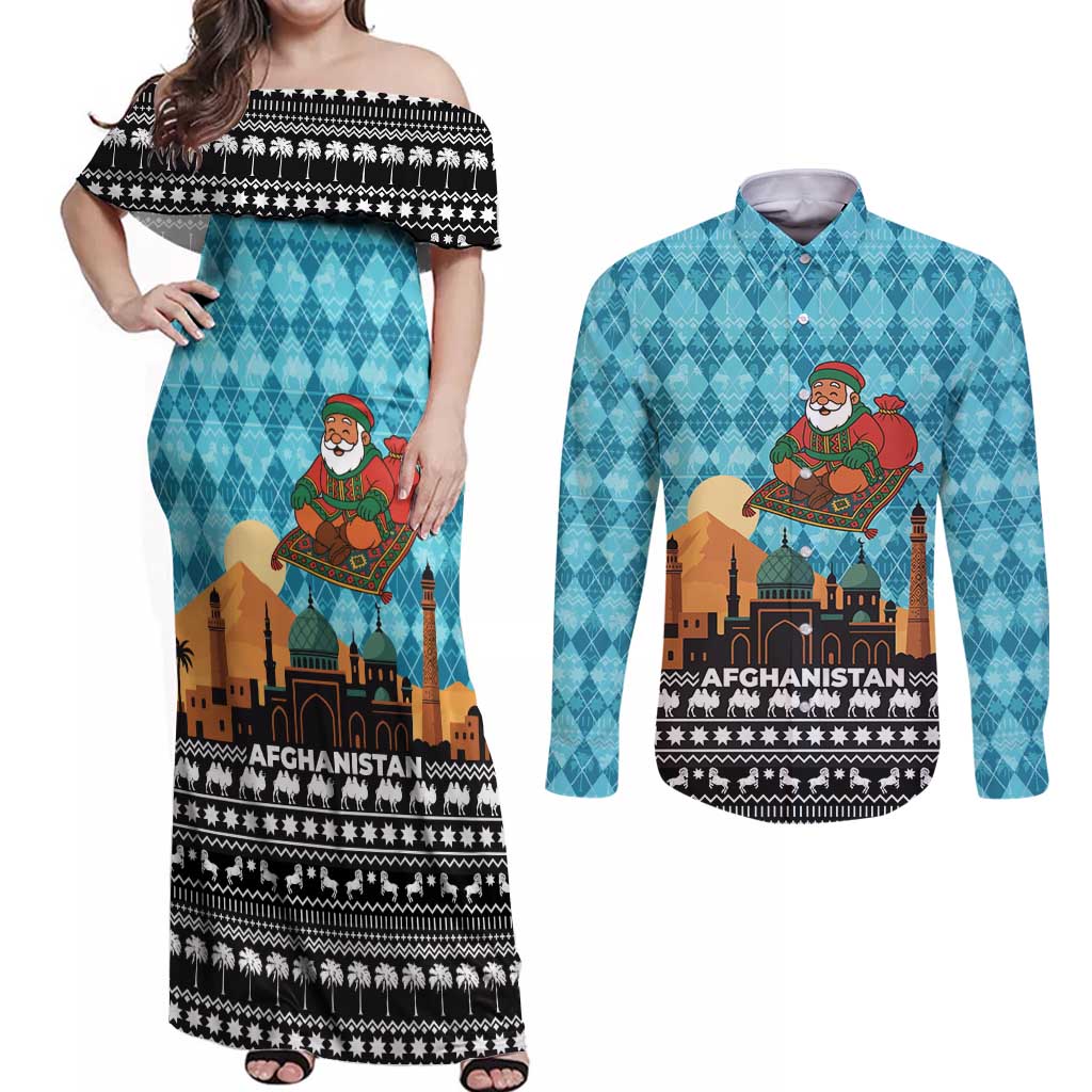 Afghanistan Christmas Couples Matching Off Shoulder Maxi Dress and Long Sleeve Button Shirt with Santa on Flying Carpet Mosque Camels and Desert Sunset Design - Wonder Print Shop