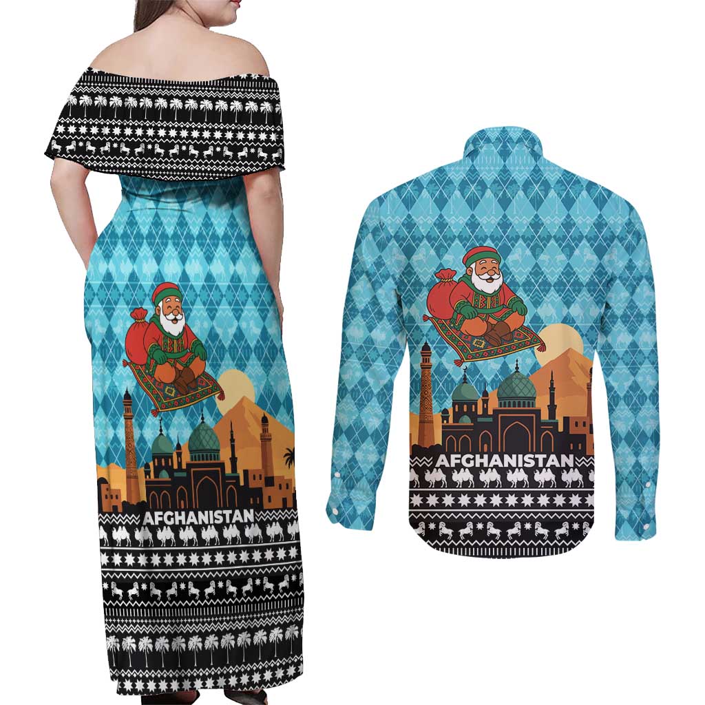 Afghanistan Christmas Couples Matching Off Shoulder Maxi Dress and Long Sleeve Button Shirt with Santa on Flying Carpet Mosque Camels and Desert Sunset Design - Wonder Print Shop